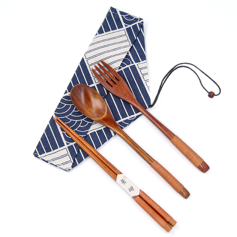 Ensemble de vaisselle en bois Portable réutilisable vaisselle ustensile fourchette cuillère baguettes avec sac en tissu pour Camping en plein air bureau déjeuner ► Photo 1/6