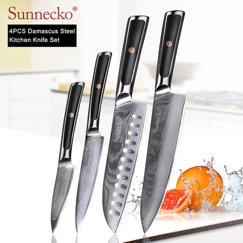 SUNNECKO – ensemble de 4 couteaux de cuisine, Santoku utilitaire de Chef, damas japonais VG10 manche en acier G10 outils de coupe tranchants ► Photo 1/6