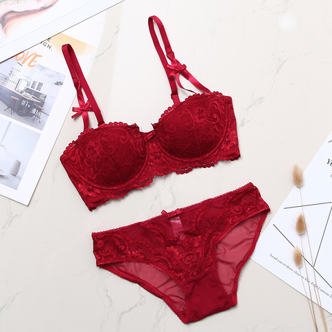 Lingerie pour femmes, ensemble de soutien-gorge rouge, grande taille, ensemble de Demi-tasse, nœud Push Up léger rembourré, décoration, culotte en maille pour femmes ► Photo 1/1