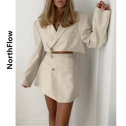 Northflow Blazer et jupes femmes angleterre style nombril exposé court Empire Blazer Feminino Femme deux pièces ensemble ► Photo 1/6