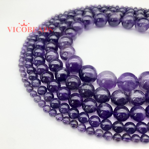 Pierre naturelle, cristaux d'améthystes violets de qualité AAA, perles rondes en vrac de 4, 6, 8, 10 et 12MM pour la fabrication de bijoux à faire soi-même ► Photo 1/2
