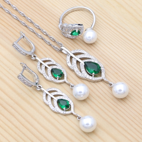 Ensembles de bijoux en argent 925 en zircone cubique verte naturelle pour femmes, boucles d'oreilles, bague, pendentif, ensemble collier, perles blanches ► Photo 1/6