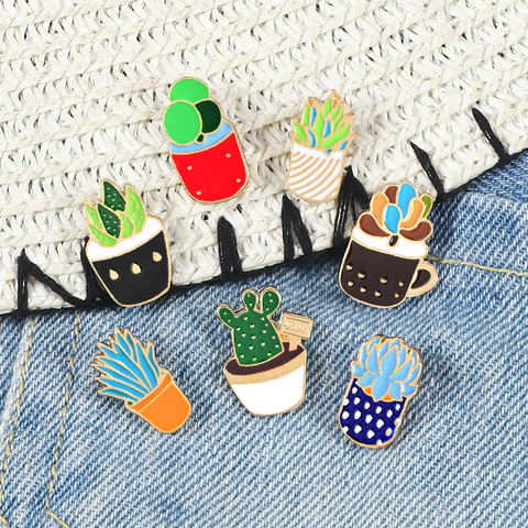 Vert plante émail broches bleu succulentes Cactus broches pour femmes hommes épinglettes en métal chapeau Hijab broches accessoires cadeau ► Photo 1/6