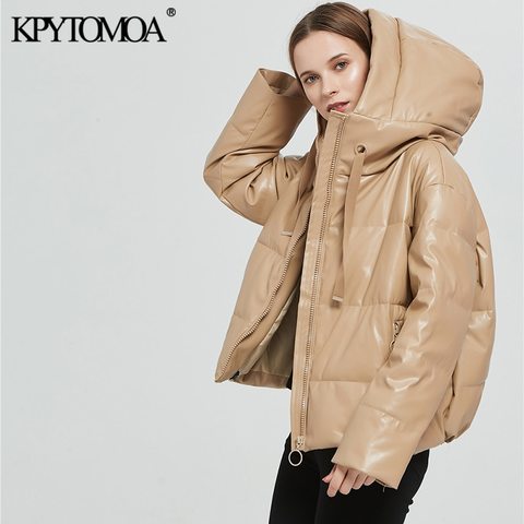 KPYTOMOA femmes mode épais chaud Faux cuir rembourré veste manteau Vintage à manches longues surdimensionné Parka vêtements de dessus pour femmes Chic hauts ► Photo 1/6