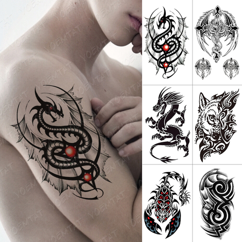 Autocollant de tatouage temporaire étanche pour hommes, faux tatouage, Flash, aile de Dragon, loup, Scorpion, Totem, Art corporel, bras, transfert à l'eau ► Photo 1/6