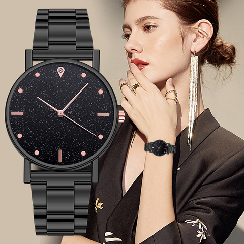 Noir femmes montre 2022 Top marque de luxe ciel étoilé dame en acier inoxydable bande analogique Quartz montre-bracelet pour livraison directe ► Photo 1/6