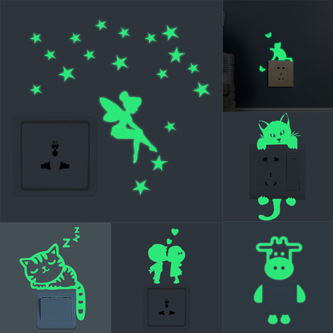 Autocollant de commutateur lumineux de dessin animé de chat, Fluorescent, étoiles de lune féerique, décoration de noël de chambre d'enfant, décor mural de maison ► Photo 1/6