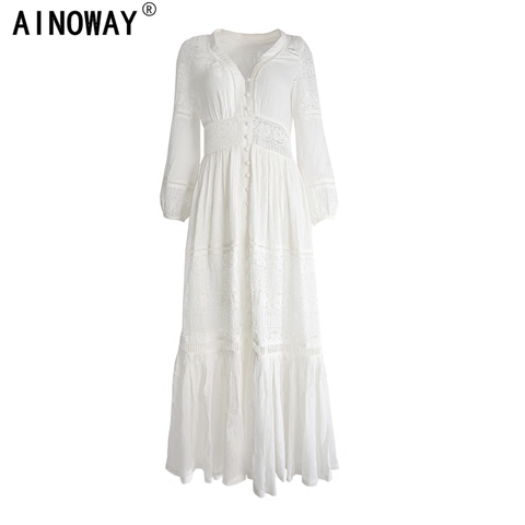 Vintage chic femmes blanc plage longue bohème maxi robes dames col en V gland été Boho happie robe vestidos ► Photo 1/6