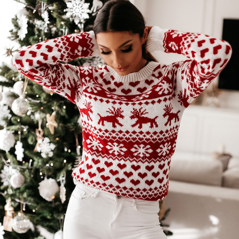 Femmes automne hiver noël pull dames tricoté pull pull femmes pull flocon de neige wapiti imprimer chandails et pulls ► Photo 1/6