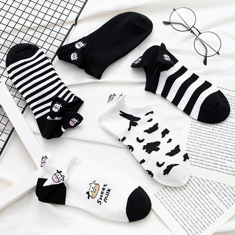 Sokken – chaussettes imprimées de dessin animé pour femmes, chaussettes courtes en coton avec broderie de vache pour printemps et été ► Photo 1/6