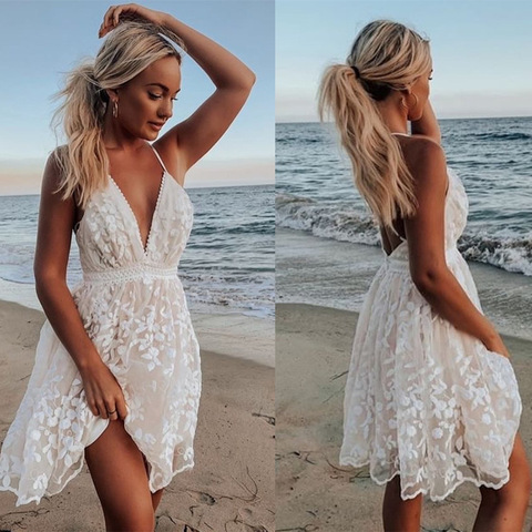 Mini robe de soirée en dentelle blanche pour femmes, dos nu, bretelles Spaghetti, col en V, Sexy, tenue de Club de mariage, été, 2022 ► Photo 1/6