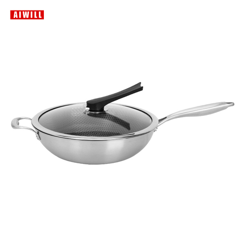 Aiwill-Wok antiadhésif 304 avec revêtement sans fumée, ustensiles de cuisine, Wok antiadhésif, entièrement en acier inoxydable, cadeau, 32/34cm ► Photo 1/6