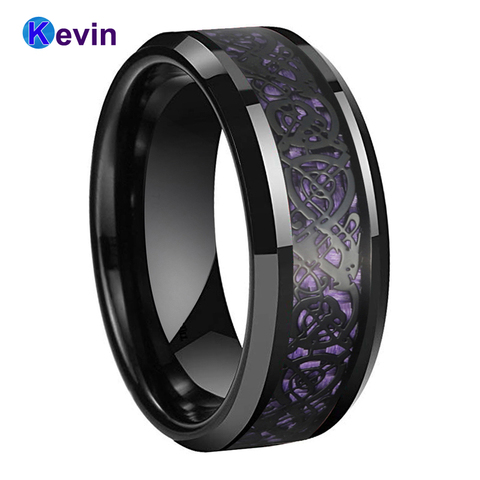 Bague de mariage Dragon noir avec incrustation en Fiber de carbone en tungstène violet ► Photo 1/6