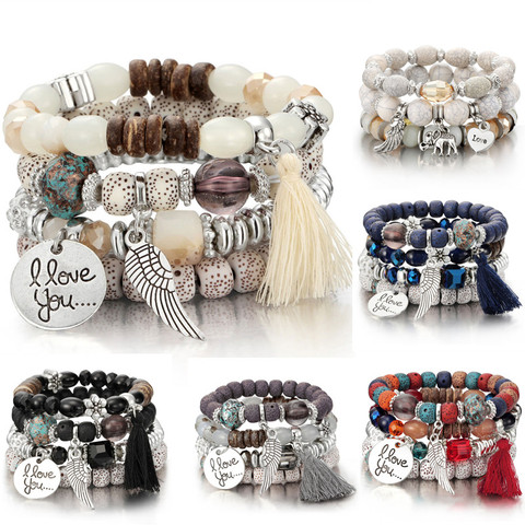 4 pièces/ensemble mode multicouche cristal pierre de lave perles aile gland Bracelets & Bracelets Pulseras Mujer bijoux pour femmes cadeau ► Photo 1/6