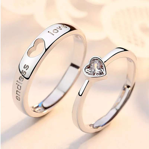 2 pièces/ensemble Réglable en Forme De Coeur Lettre Cuivre 30% Argent Plaqué Cristal Couple Anneau Hommes Femmes Bijoux En Gros Livraison Directe ► Photo 1/6