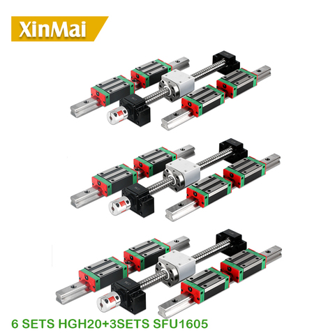 Rail linéaire HGH20, 6 jeux de guide linéaire de toutes longueurs + blocs de roulement linéaires + vis à billes SFU1605 + 3 BK12/BF12 + 3 DSG16H écrou + 3 coupleurs ► Photo 1/6