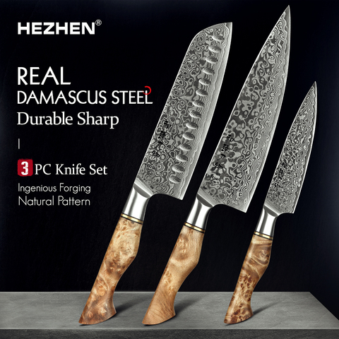 HEZHEN 3PC Knife Set professional Damascus Steel Utility Santoku Chef Knife For Meat Vg10 Japanese Cook Kitchen Knife ► Photo 1/6