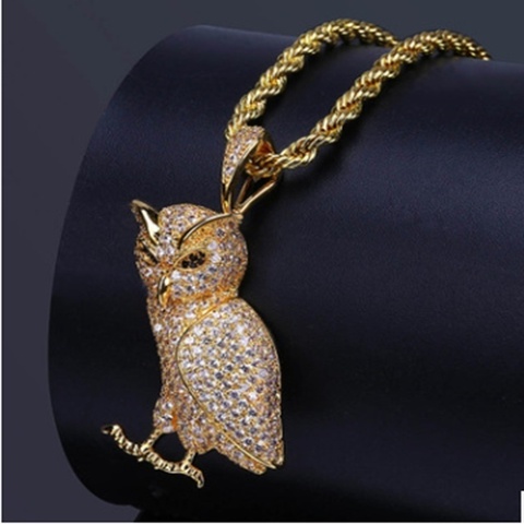 Collier hibou en laiton doré glacé, Micro oreiller cubique en Zircon, corde de 24 pouces, chaîne à breloques pour hommes ► Photo 1/4