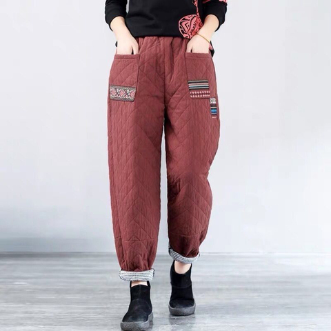 Sarouel pantalon Vintage pour femme, taille élastique, matelassé épais, chaud, ample, nouveau Style artistique, automne et hiver pantalons décontractés S527 ► Photo 1/6