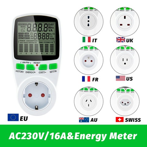 Compteur de puissance intelligent AC, wattmètre, moniteur de tension et fréquence, avec prise EU/US/UK/AU/FR ► Photo 1/6