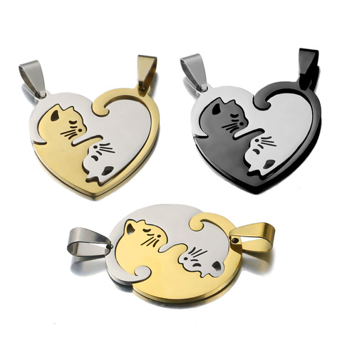 Collier en acier inoxydable, 1 paire de pendentifs, breloque chat mignon, ensemble amour pour sa petite amie, saint-valentin, bijoux à bricoler soi-même ► Photo 1/6