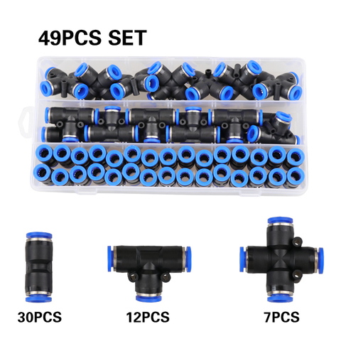 49 pièces/boîte raccords pneumatiques PZA/PU/PE tuyaux d'eau raccords de tuyauterie 4-16mm tuyau en plastique raccords rapides té tuyau d'air gaz droit ► Photo 1/4