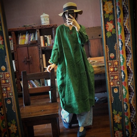 Robe en lin délavé pour femmes, Vintage, col en V, ample, été, automne, 2022 ► Photo 1/6