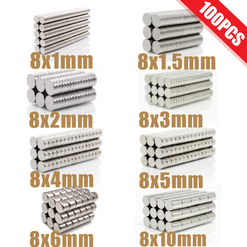 Pièces de 100 aimants ronds N35 en néodyme, 8x1, 8x1.5, 8x2, 8x3, 8x4, 8x5, 8x6, 8x10mm ► Photo 1/6