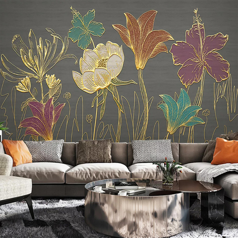 Papier peint mural 3D personnalisé avec des feuilles de fleurs dorées en relief, papier peint Photo moderne pour arrière-plan de salon et salle à manger ► Photo 1/6