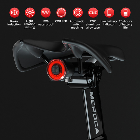 MEROCA – feu arrière de vélo intelligent, feu arrière à détection de freinage automatique, étanche IPx6, avec chargeur USB, LED, pour cyclisme ► Photo 1/6