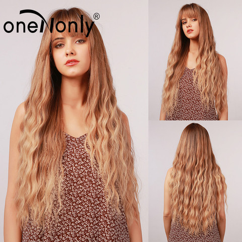 OneNonly longue Ombre brune Blonde vague lâche perruques synthétiques avec frange pour blanc noir femmes Cosplay cheveux naturels résistant à la chaleur ► Photo 1/6