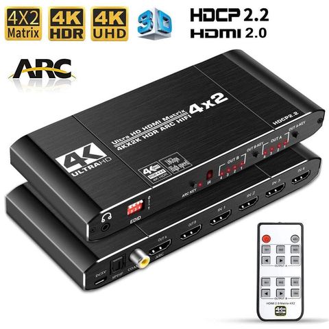 Répartiteur de commutateur HDMI Matrix 4x2 4K @ 60Hz, compatible avec HDMI Matrix 2.0 avec audio HDR HDCP 2.2 IR télécommande Spdif 4K 4x2 Matrix ► Photo 1/6