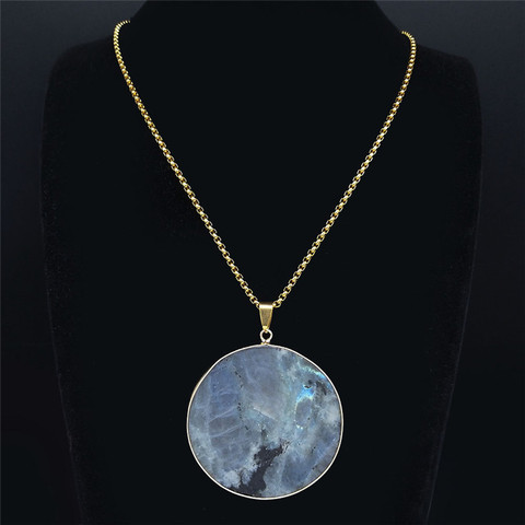 Collier Long en acier inoxydable pour femmes, pierre Flash naturelle, grand pendentif rond, bijoux, NXS04 ► Photo 1/6