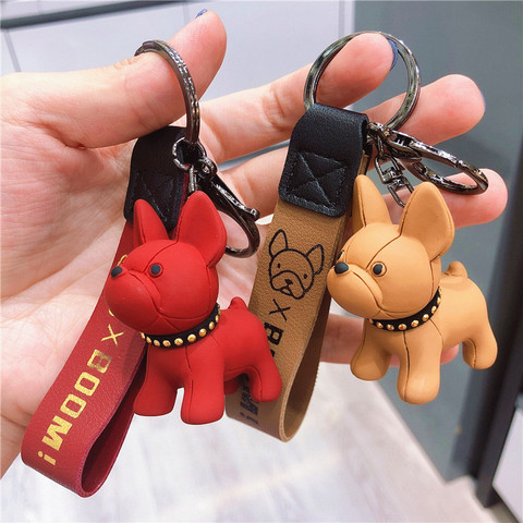 Mode mignon dessin animé Animation bouledogue français PU cuir chien porte-clés pour les femmes sac résine pendentif bijoux hommes voiture porte-clés ► Photo 1/6