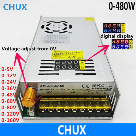 CHUX – alimentation de commutation 480W, tension réglable 0-12V 5V 24V 36V 48V 60V 80V 120V 160V, Double affichage numérique LED ► Photo 1/4