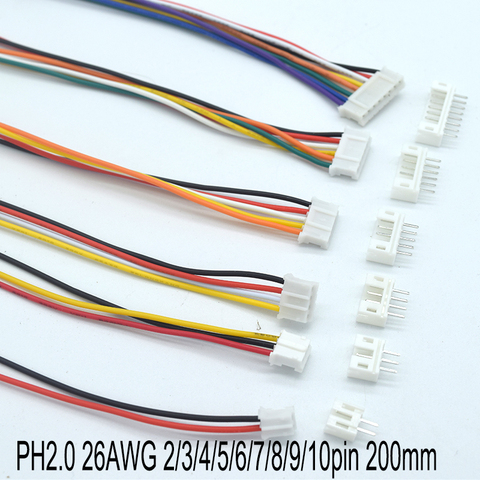 10 ensembles Micro Mini JST 2.0 PH connecteur mâle femelle prise fils câbles prise 200MM 26AWG 2/3/4/5/6/7/8/9/10 broche ► Photo 1/3