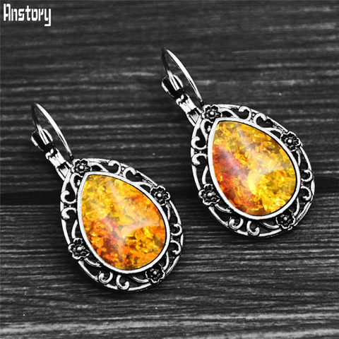 Boucles d'oreilles en forme d'ambre synthétique pour femme, bijou Vintage, pendentif en forme de fleur plaquée argent Antique, à la mode ► Photo 1/5