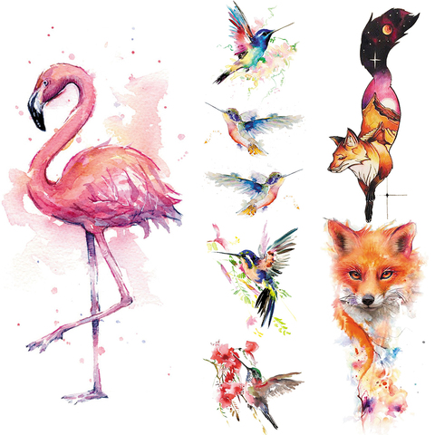 Flamingo Fox tatouages temporaires pour enfants colibri aquarelle tatouage fleur réaliste femmes faux Tatoo mains oiseaux dessin animé ► Photo 1/6