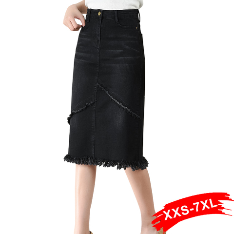 Grande taille asymétrique gland ourlet noir droite Denim jupes 5XL 7XL printemps femmes bureau dame vêtements de travail Midi longues jupes en jean ► Photo 1/6
