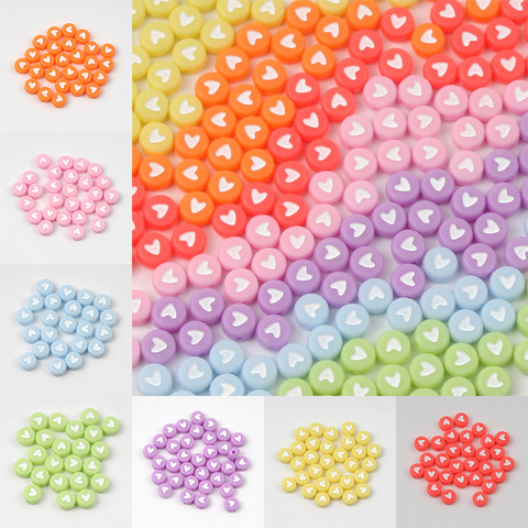 Perles rondes plates en acrylique, 200 pièces, 7 couleurs, motifs de cœur, pour bricolage, fabrication de bijoux, Bracelet, collier, 4x7mm ► Photo 1/4