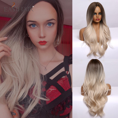 Facile cheveux Ombre brun clair blond platine longue ondulée partie moyenne perruque de cheveux Cosplay naturel résistant à la chaleur synthétique perruque pour les femmes ► Photo 1/6