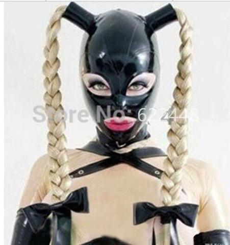 Masque en Latex 100% unisexe, capuche avec Pigtails, masque fétichiste en caoutchouc, perruques à deux tresses, couvre-chef personnalisé ► Photo 1/2