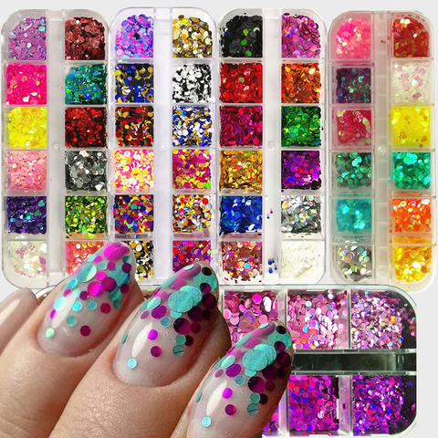 12 grilles/ensemble haute qualité 12 couleurs mélange 3 tailles paillettes Laser holographique paillettes rondes Nail Art tranche Paillette décalcomanies bricolage TT12 ► Photo 1/6