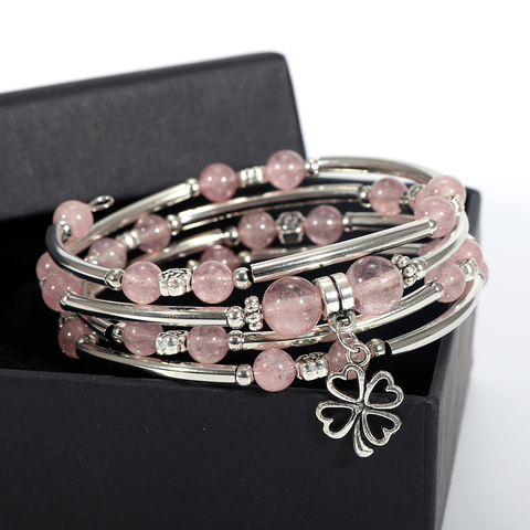 Femmes Bracelet en pierre naturelle multicouche cuivre Tube enveloppement rose Quartz violet cristal perles Bracelet trèfle chanceux souhait Bracelets ► Photo 1/6