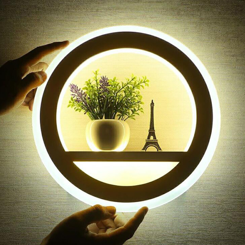 Applique murale moderne ronde de 28cm 30W, lampe murale LED blanche + lumière chaude, appliques murales en acrylique avec plantes en pot, ornement de tour ► Photo 1/4