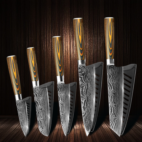 Ensemble de couteaux de Chef japonais Santoku en acier inoxydable, 5 pièces, damas, 7CR17 440C, acier inoxydable à haute teneur en carbone ► Photo 1/6