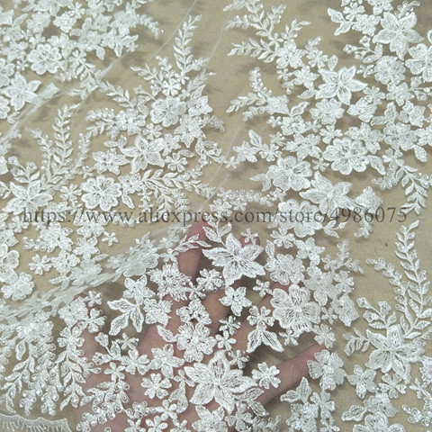 Robe de mariée en dentelle ivoire, robe de mariée avec paillettes, 130cm de large, vente par cour ► Photo 1/4