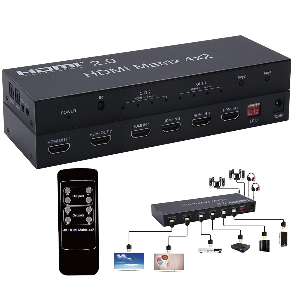 4K HDMI 2.0 matrice 4X2 HDMI 4X2 matrice avec audio HDMI 2X2 matrice HDMI 4 en 2 out matrice répartiteur 4K 60HZ HDCP 2.2 ► Photo 1/6