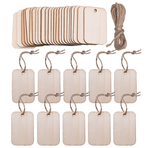 Etiquettes cadeaux rectangulaires vierges | 25/50/100 pièces, tranche de bois naturel, étiquettes suspendues avec corde de chanvre, pour fête de mariage et noël ► Photo 1/6