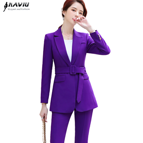 Costume d'hiver à ceinture violette pour femmes, costume Slim tempérament, Blazer à manches longues et pantalon de bureau, vêtements de travail d'affaires à la mode ► Photo 1/6